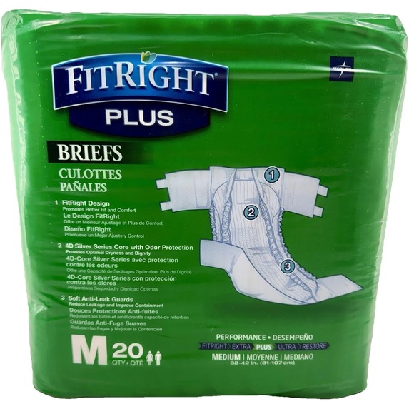 FitRight Plus Adult Briefs Medium 20 Count Pack Disposable Anti-Leak Guard NIP - Picture 2 of 4